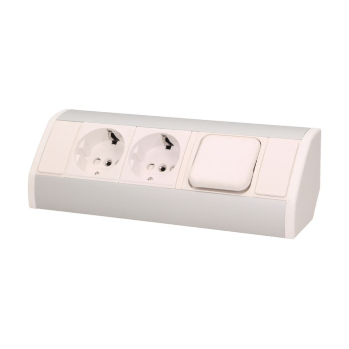 [ORNOR-GM-9002/W-G(GS)] 141188 - Furniture socket with switch, silver-white, Schuko A set of three network sockets with grounding and current circuit's diaphragms with a switch, ideal for mounting in cabinets, display cases and display cabinets.