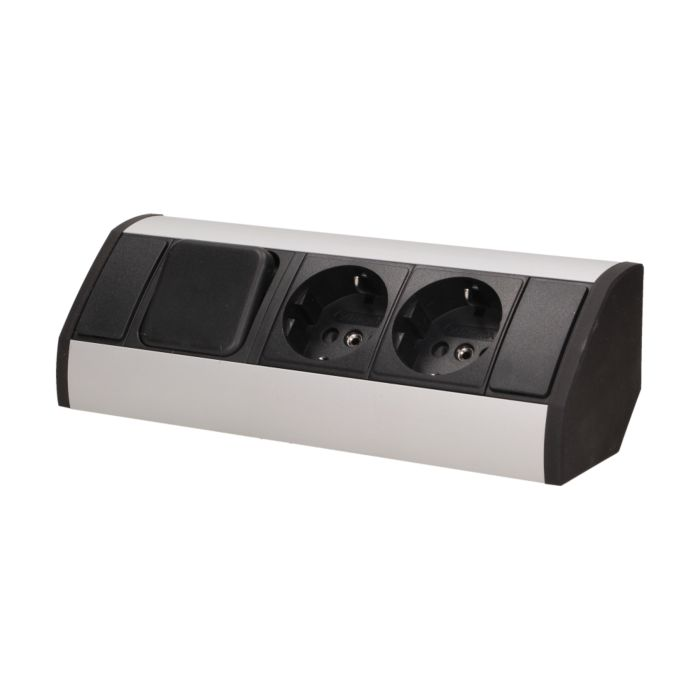 [ORNOR-GM-9002/B-G(GS)] 141187 - Furniture socket with switch, silver-black, Schuko A set of three network sockets with grounding and current circuit's diaphragms with a switch, ideal for mounting in cabinets, display cases and display cabinets.