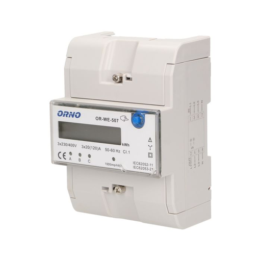 [ORNOR-WE-507] 140810 - 3-phase energy meter, 120A current: 3x20(120)A; starting current: 0,4% lb;  accuracy class: 1;  indication of energy consumption: 3xred LED;  installation: 35 mm DIN rail