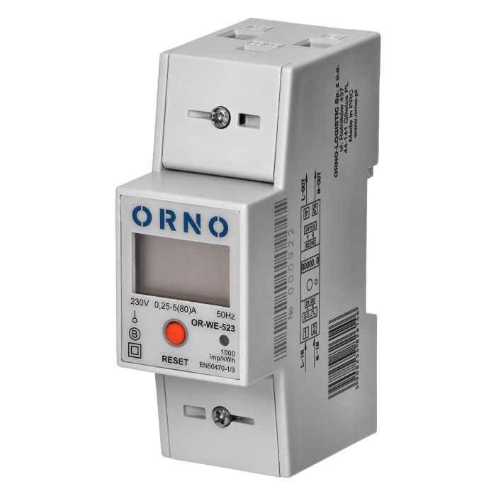 [ORNOR-WE-523] 140815 - 1-phase energy meter with additional calculator; 80A; MID; RS-485 port; So-output; protection rating: IP20; installation on 35mm DIN rail