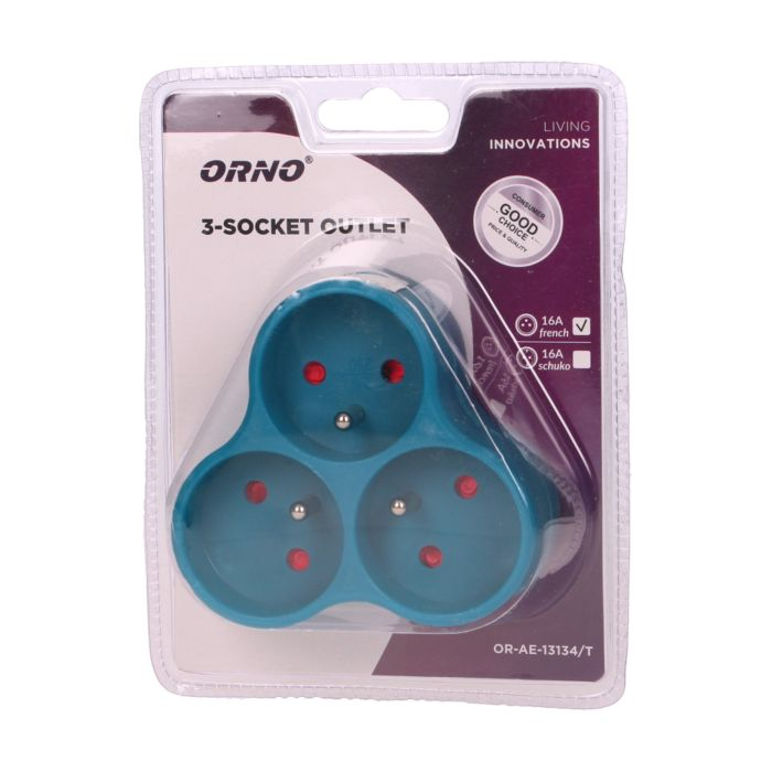 [ORNOR-AE-13134/T] 140893 - Triple socket outlet, turquoise Three-socket splitter with grounding, suitable for any interior where additional sockets are required.