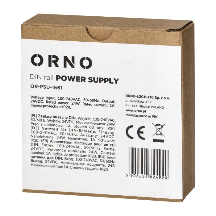 [ORNOR-PSU-1661] 140829 - Industrial power supply for a DIN rail, 24VDC, 1A, 20W, plastic housing