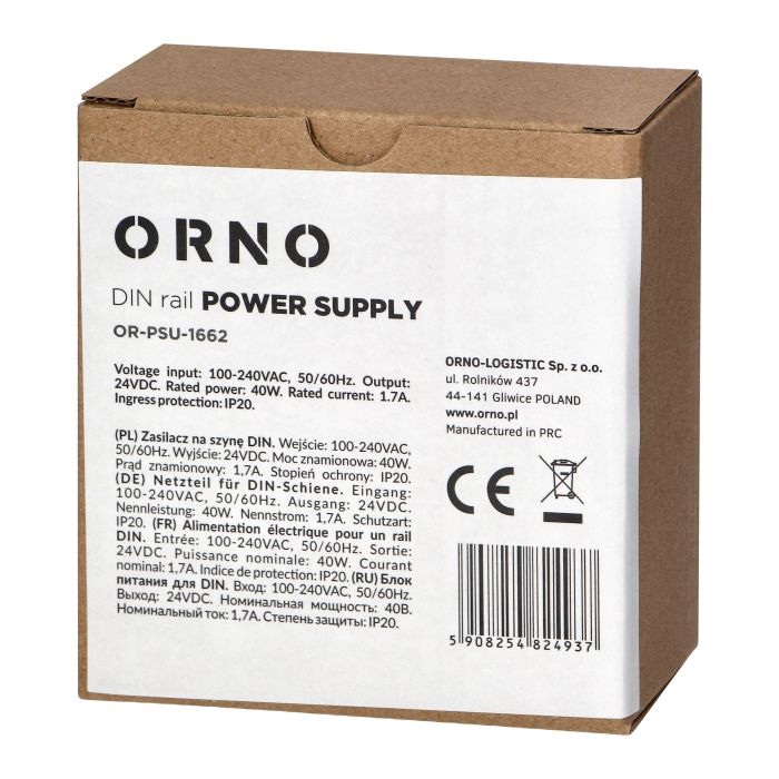 [ORNOR-PSU-1662] 140830 - Industrial power supply for a DIN rail, 24VDC, 1.7A, 40W, plastic housing