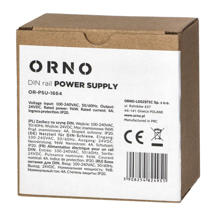[ORNOR-PSU-1664] 140832 - Industrial power supply for a DIN rail, 24VDC, 4A, 96W, plastic housing