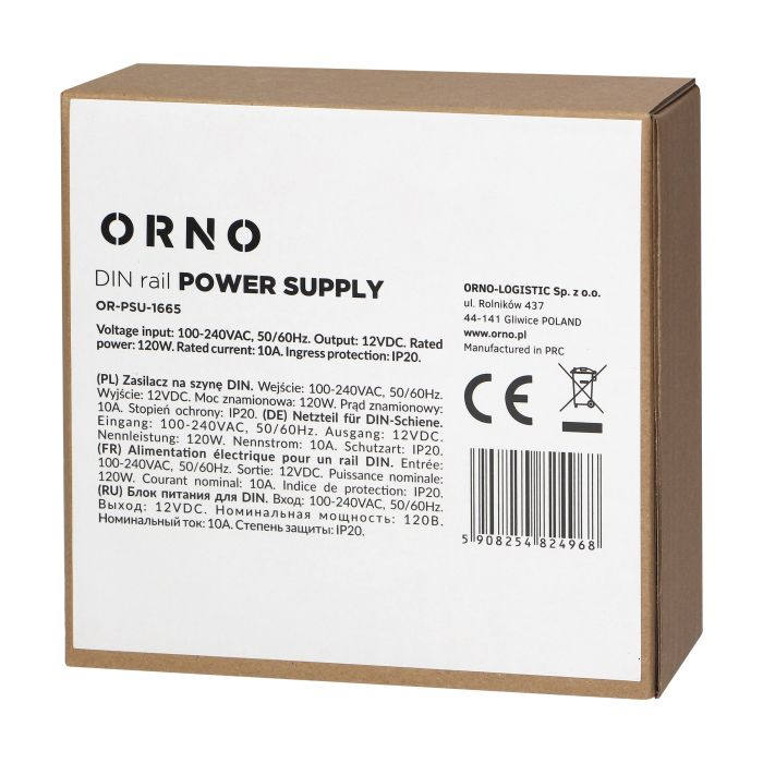 [ORNOR-PSU-1665] 140833 - Industrial power supply for a DIN rail, 12VDC, 10A, 120W, plastic housing