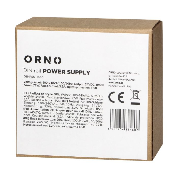 [ORNOR-PSU-1656] 140834 - Industrial power supply for a DIN rail, 24VDC 3.2A 77W, metal housing