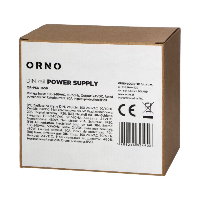[ORNOR-PSU-1659] 140837 - Industrial power supply for a DIN rail, 24VDC, 20A, 480W, metal housing