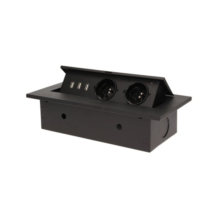 [ORNOR-AE-1324/B] 141057 - Recessed furniture socket 2x2P+E with three USB ports (wihout USB-charger), black power supply: 230V AC / 56-60Hz; maximum load: 3600W; protection rating: IP20; colour: black