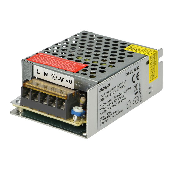 [ORNOR-ZL-1632] 140854 - Open frame power supply unit 35W, 12V, IP20 equipped with short-circuit and overload protection, and an output voltage adjustment; instantaneous overload 150%
