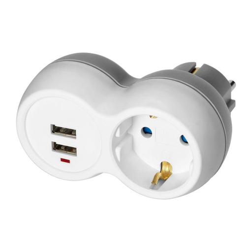 [ORNOR-AE-13246(GS)] 140907 - Power socket splitter 2x2P+E (Schuko) with 2xUSB charger, white-grey