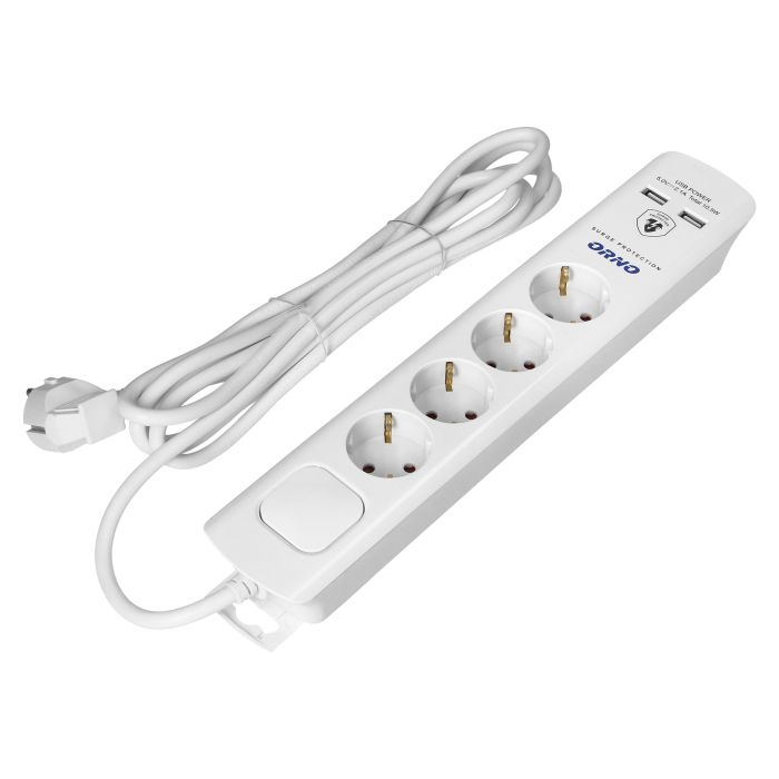 [ORNORAE13243(GS)/W/3M] 140993 - Power strip with surge protection, 4 sockets 2P+E (Schuko), 3x1.0mm2 cable, 3m long, with a two-way backlit switch, 16A / 230 VAC, surge protector type 3, 2xUSB 2.1A charger, white