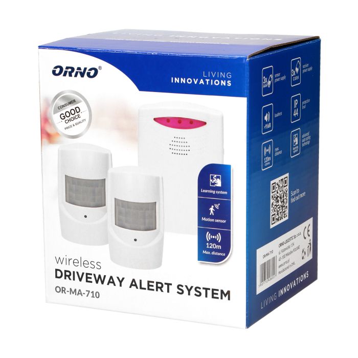 [ORNOR-MA-710] 140016-Système d'alerte d'allée sans fil, alimentation téléavertisseur IP44 avec deux détecteurs, alimentation capteur, portée en champ libre : 120 m