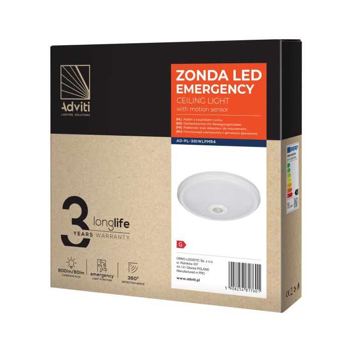 [ORNAD-PL-391WLPMR4] 140037-ZONDA LED EMERGENCY 12W/1.2W, ceiling light, white with motion sensor, 800lm/80lm, IP20, 4000K, milky PC-ORN