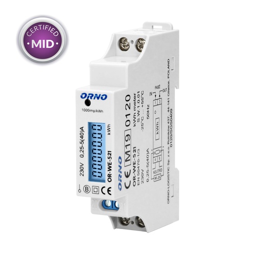 [ORNOR-WE-521] 140066- 1-fase energiemeter met MID certificaat, 40A