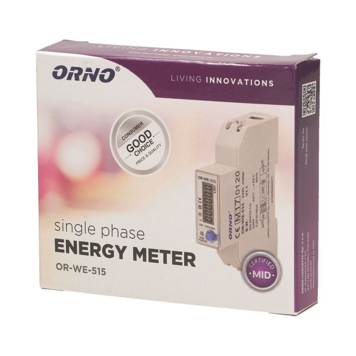 [ORNOR-WE-515] 140067- 1-fase multitarief energiemeter met RS485, 100A MID, 1 module, DIN TH-35mm