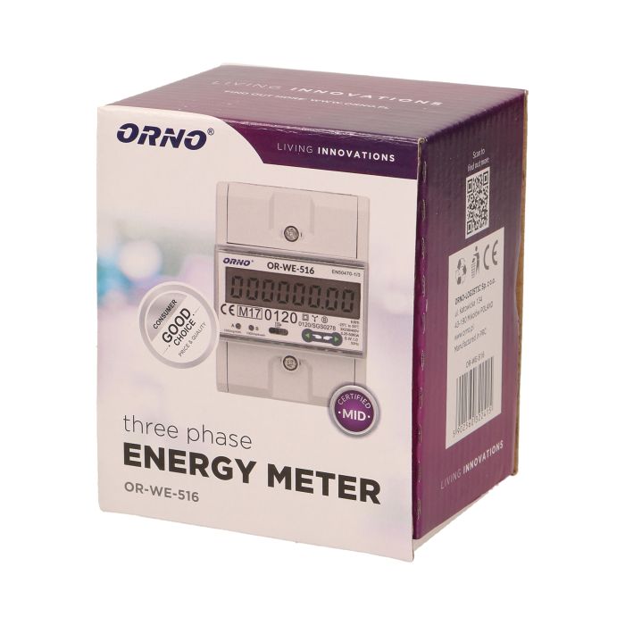 [ORNOR-WE-516] 140068- 3-fase energiemeter met RS-485, 80A, MID, 4,5 modules, DIN TH-35mm