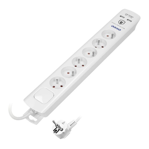 [ORNOR-AE-13163/3M] 140140-Power strip with surge protection and main switch 6 sockets, 2 USB chargers, cable 3x1mm2, 3m long, total power consumption of 2300W, for Belgium and France -ORN