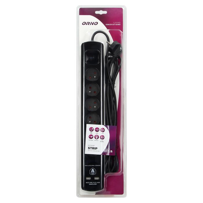 [ORNOR-AE-13163/B/3M] 140141-Power strip with surge protection and main switch, black 6 sockets, 2 USB chargers, cable 3x1mm2, 3m long, total power consumption of 2300W, for Belgium and France -ORN