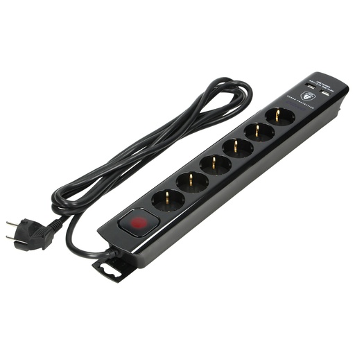 [ORNORAE13163(GS)/B/3M] 140144-Power strip with surge protection and main switch, schuko, black 6 schuko sockets, 2 USB chargers, cable 3x1,5mm2, 3m long, total power consumption of 3680W, for Netherlands and Germany -ORN
